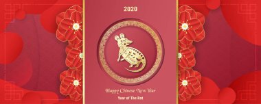 Mutlu Çin yeni yıl 2020, sıçan yılı. Kapak, davetiye, poster, el ilanı, ambalaj için şablon tasarımı. Kağıt kesme ve zanaat İllüstrasyon.