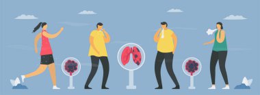 KOAH belirtileri arasında yorgunluk, öksürük, tükürük, hırıltı var. Ciğerlerde solunum güçlüğü ve kötü hava akışı var. Pulmonoloji vektör çizimi.