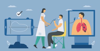 Spirometri akciğer fonksiyonlarını ölçmek için kullanılan bir testtir. Kronik obstrüktif akciğer hastalığı solunum sorunlarına ve kötü hava akışına neden olur. Pulmonoloji vektör çizimi.