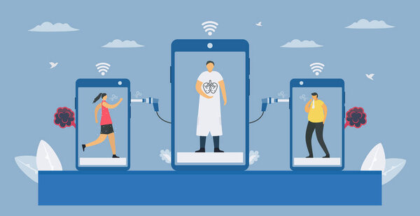 Спирометрия - это тест, используемый для измерения функции легких. Хронические обструктивные заболевания легких вызывают проблемы с дыханием и плохой воздушный поток. Онлайн тестирование со смартфоном. Векторная иллюстрация пульмонологии
.