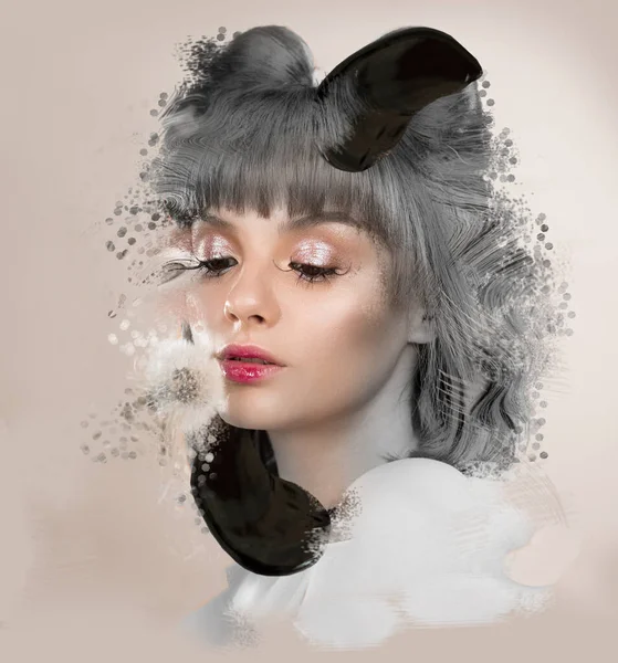 Retrato Una Mujer Collage Pinceladas Pintura Salpicaduras Polvo Efecto Artístico —  Fotos de Stock