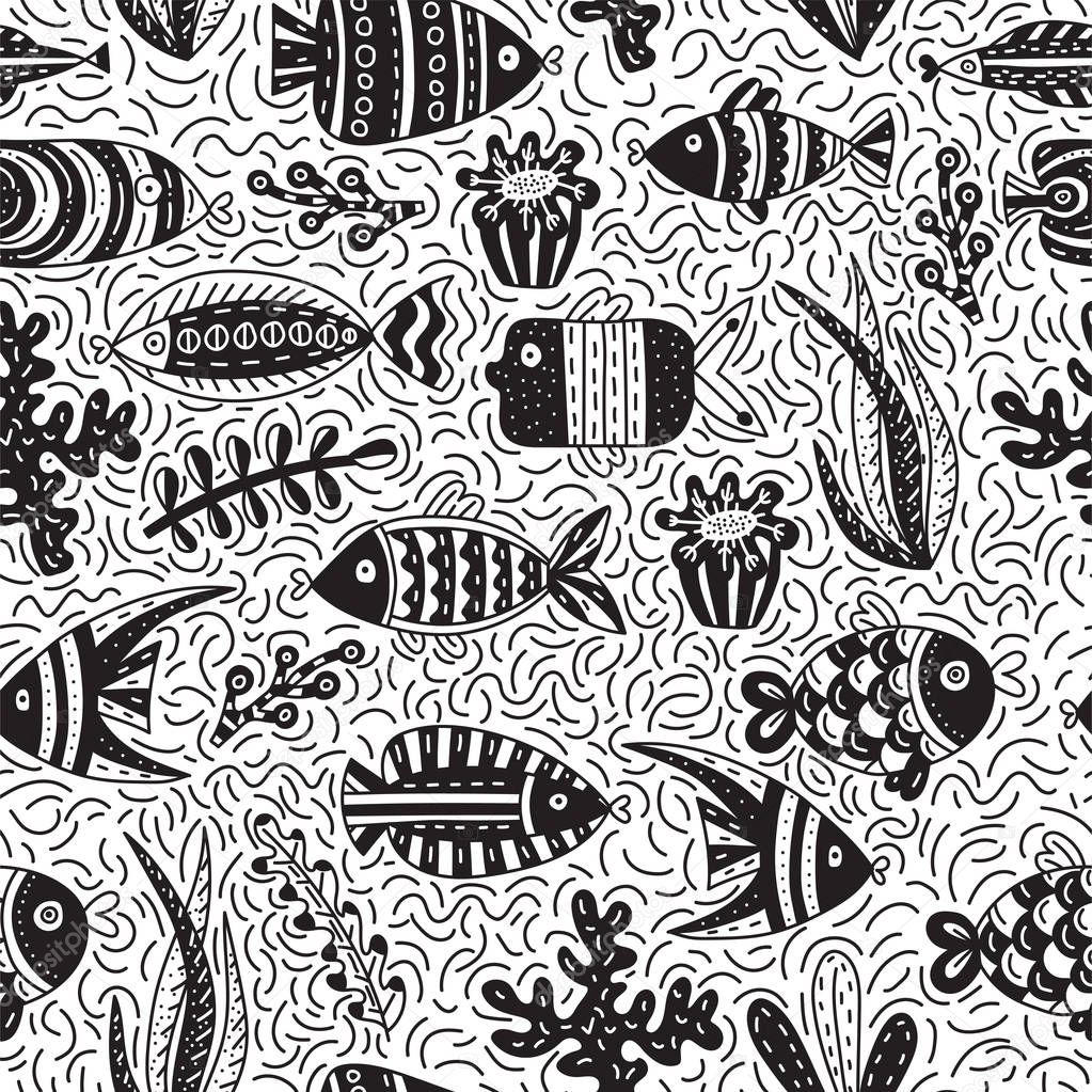 Seamless pattern with cute fishes and seaweeds