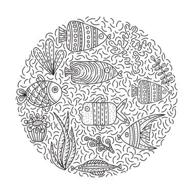 Doodle vektör çizim ile sevimli balıklar ve yosunlar.