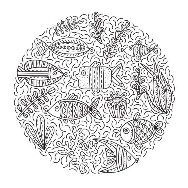 Doodle vektör çizim ile sevimli balıklar ve yosunlar.