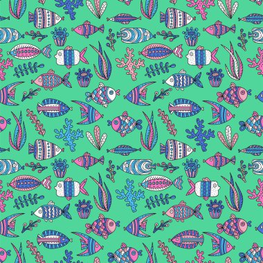 Sevimli balıklar ve yosunlar ile Seamless modeli