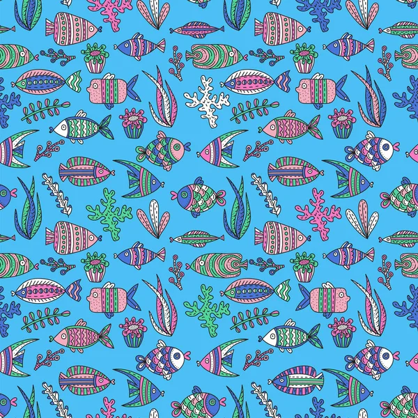 Varrat nélküli mintát aranyos halak és tengeri moszat — Stock Vector