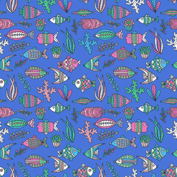 Seamless mönster med söta fiskar och sjögräs — Stock vektor