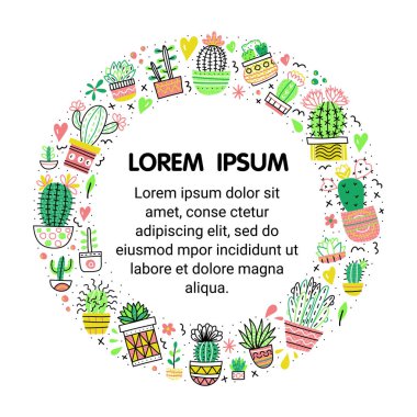 Doodle kaktüsler ve sulu meyveler ile daire çerçevesi