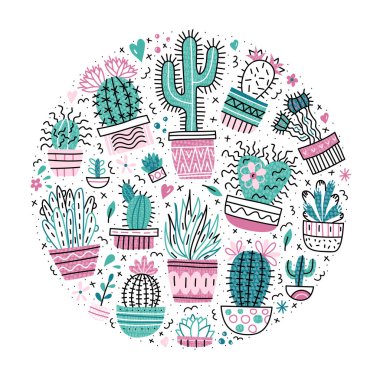 Daire şeklinde sevimli kaktüsler ve sulu meyveler