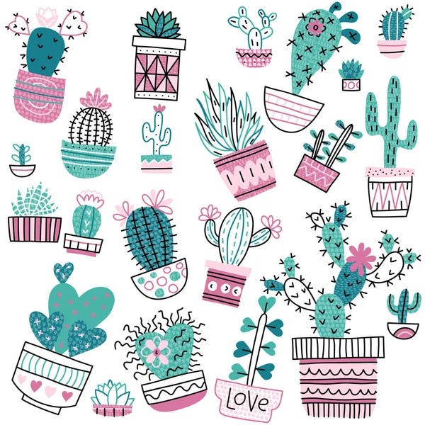 Ensemble de mignons cactus et succulents doddle — Image vectorielle