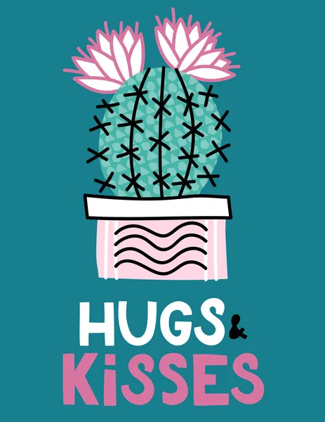 Abrazos y besos. Bonita postal con cactus — Vector de stock