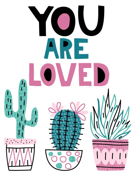 Tu sei amato. Carina cartolina con cactus — Vettoriale Stock