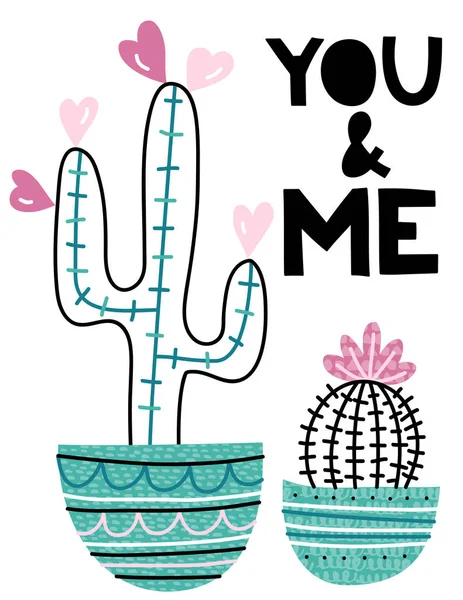 Tú y yo. Bonita postal con cactus — Vector de stock
