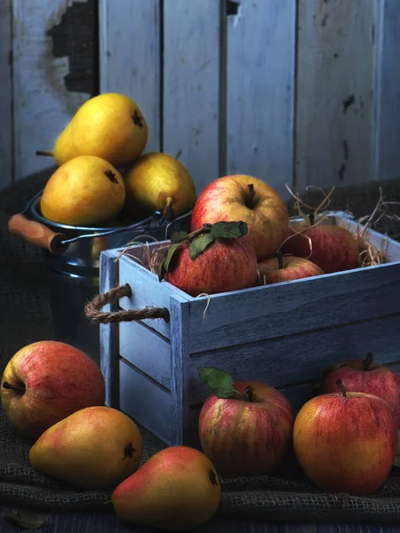 Eski Beyaz Tahta Kutuda Sulu Meyveler Kırmızı Elma Sarı Armut — Stok fotoğraf