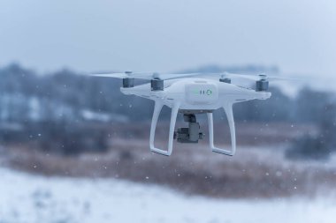 Uçan dron vahşi doğanın fotoğraflarını çekiyor. Soğuk kış havası. Yağan karla bulutlu bir gün.