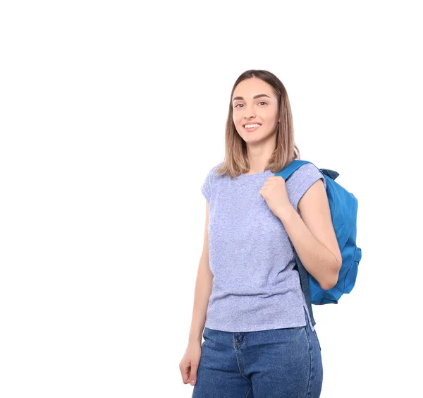 Lykkelig Skolepike Med Blå Koffert Isolert Hvit Bakgrunn Tilbake Til – stockfoto
