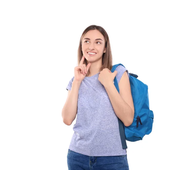 Studentessa Pensierosa Con Uno Zaino Isolato Sfondo Bianco — Foto Stock