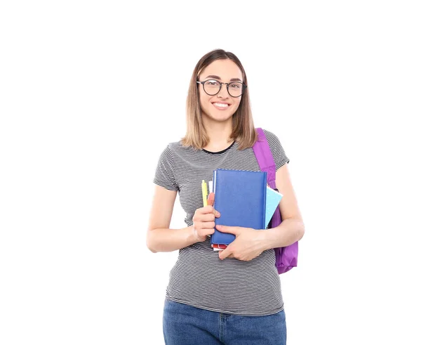 Hermosa Estudiante Con Una Mochila Sostiene Cuadernos Manos Aisladas Sobre —  Fotos de Stock