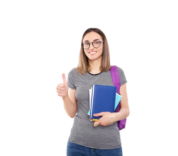 Hermosa Estudiante Con Una Mochila Sostiene Cuadernos Manos Aisladas Sobre —  Fotos de Stock