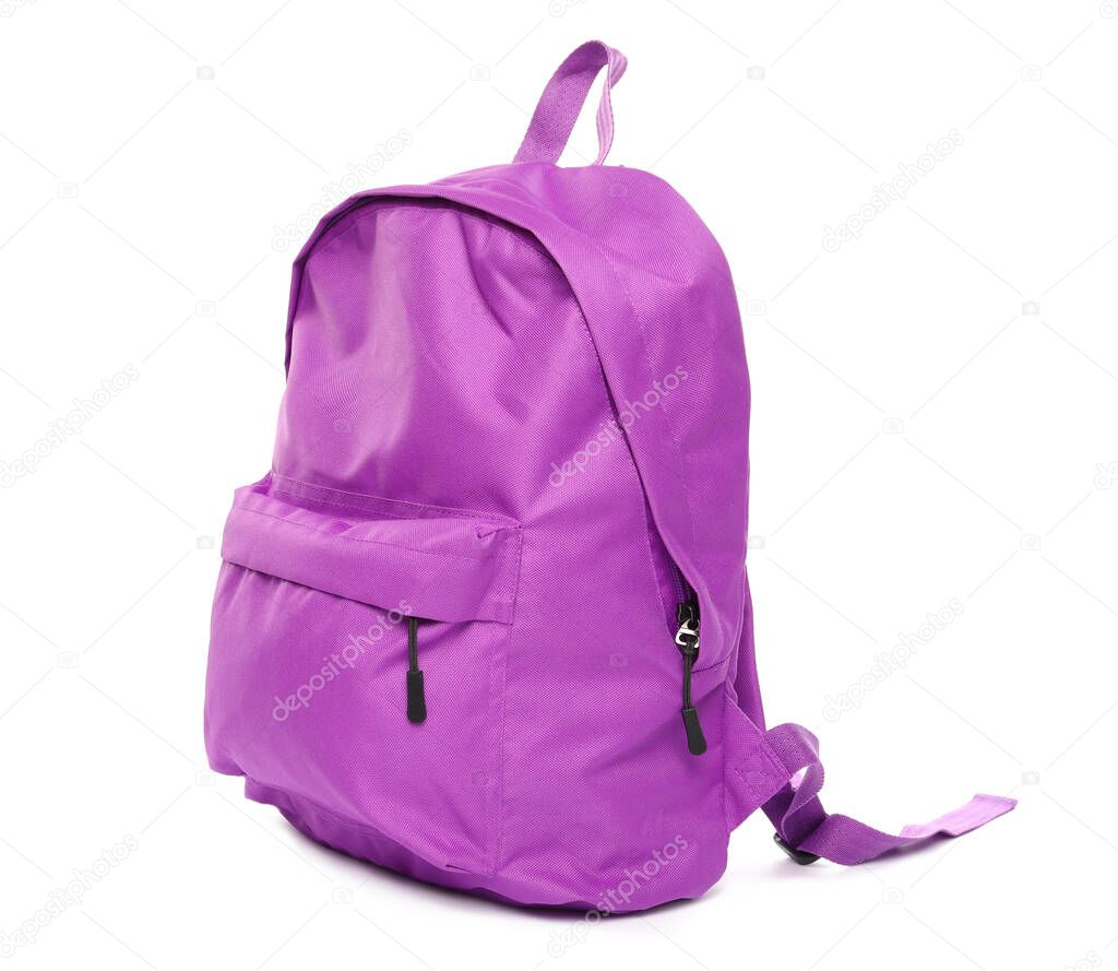 School backpack in purple color isolated on white