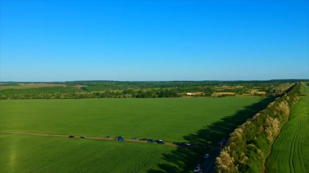 絵画丘に遠くの村に対して無限の緑の田んぼ — ストック動画