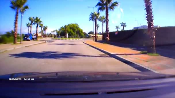 Coche conduciendo a través del terraplén con palmeras - Punto de vista POV — Vídeo de stock