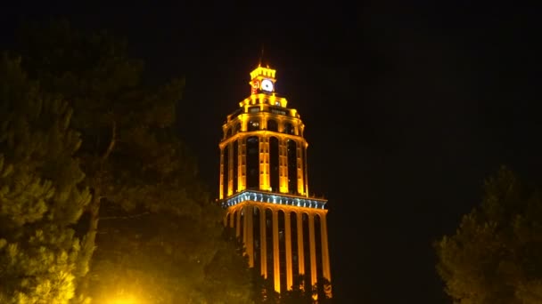 Edificio con reloj en el fondo de una ciudad nocturna — Vídeos de Stock