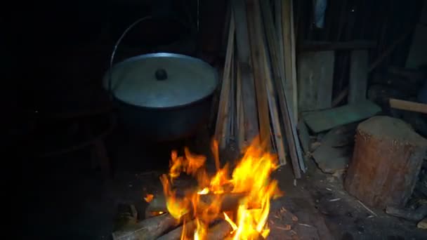 Homem pendura uma panela sobre um fogo para fazer uma sopa de repolho — Vídeo de Stock