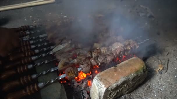 Marinált sashlik grillezésre készül faszén felett. Shashlik vagy Shish kebab népszerű Kelet-Európában. Shashlyk nyárson felvágott hús eredetileg bárányból készült. Sült marhahús kebab grillsütőn. — Stock videók