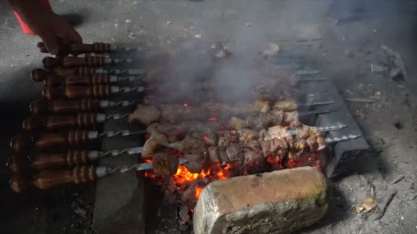 Marinált sashlik grillezésre készül faszén felett. Shashlik vagy Shish kebab népszerű Kelet-Európában. Shashlyk nyárson felvágott hús eredetileg bárányból készült. Sült marhahús kebab grillsütőn. — Stock videók