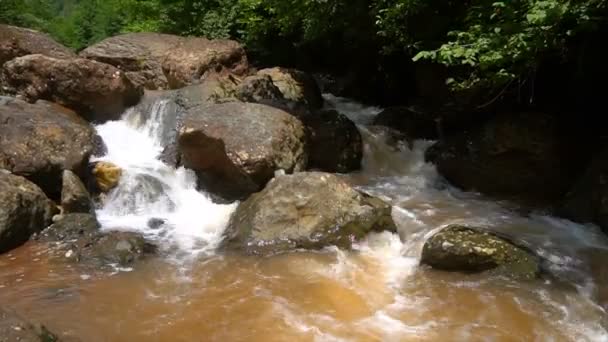 Mountain river med stenar och stenblock — Stockvideo