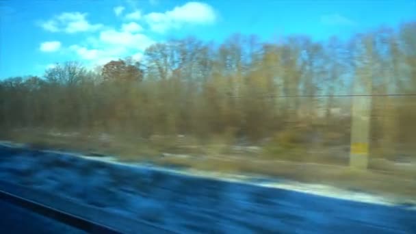 4K Point of view from the window of a passenger train. The deserted winter forest moves outside the window — Stock Video