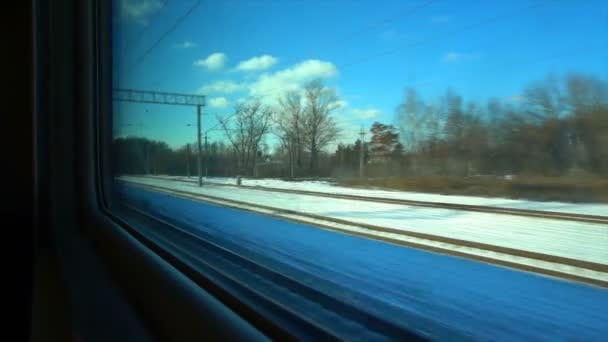 Punto di vista 4K dal finestrino di un treno passeggeri. La foresta invernale deserta si muove fuori dalla finestra — Video Stock