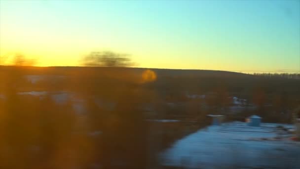 4K Punto de vista desde la ventana de un tren de pasajeros. El desierto bosque de invierno se mueve fuera de la ventana — Vídeo de stock