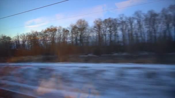 4K Ponto de vista da janela de um comboio de passageiros. A floresta deserta de inverno se move fora da janela — Vídeo de Stock