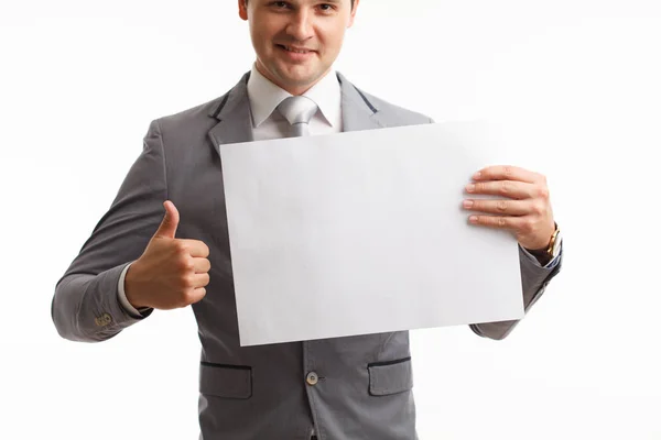 Empresario Mostrando Letrero Estudio Sobre Fondo Blanco — Foto de Stock