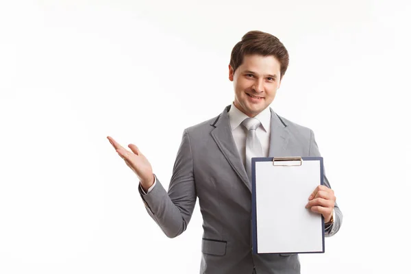 Young Businessman Showing Blank Clipboard Isolated White Background Success Business — Stock Photo, Image