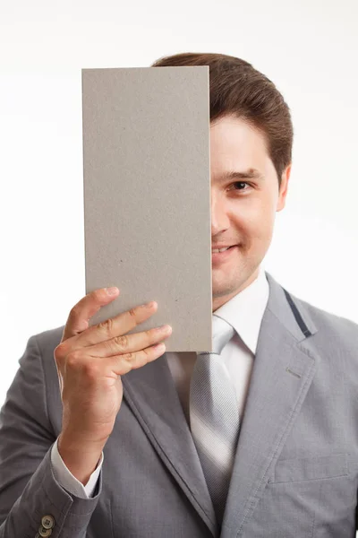 Empresario Mostrando Letrero Con Copyspase Blanco — Foto de Stock