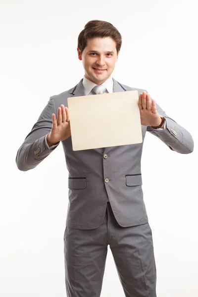 Empresario Mostrando Letrero Estudio Sobre Fondo Blanco — Foto de Stock