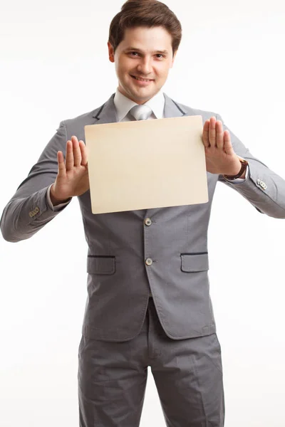 Empresario Mostrando Letrero Estudio Sobre Fondo Blanco — Foto de Stock