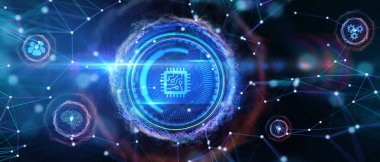 Nesnelerin interneti - IOT konsepti. İşadamı IOT ürünleri ve çözümler sunuyor. Genç işadamı, sanal ekran 3D illüstrasyon üzerinde IoT metin ile soyut çipi seçin.