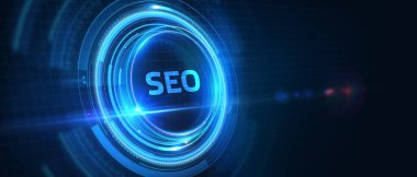 İş, Teknoloji, İnternet ve ağ konsepti. SEO Arama Motoru optimizasyonu pazarlama sıralaması 3D illüstrasyon.