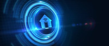 İş, Teknoloji, İnternet ve ağ konsepti. Akıllı ev otomasyon kontrol sistemi. İnovasyon teknolojisi 3D illüstrasyon.