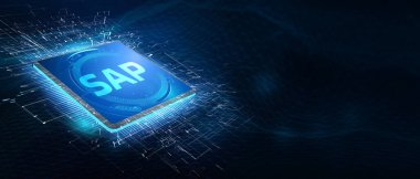 Sanal ekran veri merkezinde SAP Sistem Yazılım Otomasyonu kavramı. İş, modern teknoloji, internet ve ağ kurma kavramı. 3B illüstrasyon.