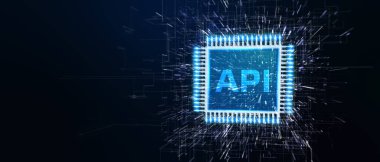 API - Uygulama Programı Arayüzü. Yazılım geliştirme aracı. İş, modern teknoloji, internet ve ağ kurma kavramı. 3B illüstrasyon