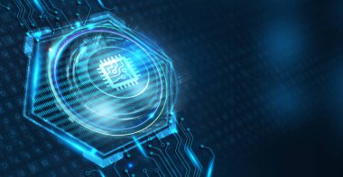 Nesnelerin interneti - IOT konsepti. İşadamı IOT ürünleri ve çözümler sunuyor. Genç işadamı sanal ekranda IoT metin ile soyut çipi seçin.                               