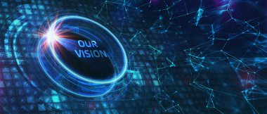 İş, Teknoloji, İnternet ve ağ konsepti. Genç işadamı geleceğin sanal bir ekranı üzerinde çalışıyor ve yazıyı görüyor: