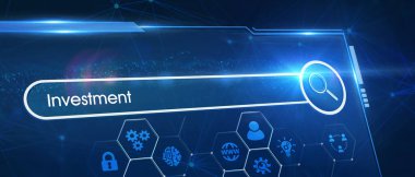 Sanal ekranlarda yatırım düğmesine basan bir iş adamı. İş, Teknoloji, İnternet ve ağ kavramı.