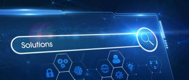 İş, Teknoloji, İnternet ve ağ konsepti. Geleceğin tableti üzerinde çalışan genç işadamı, sanal ekranı seçin: Çözümler