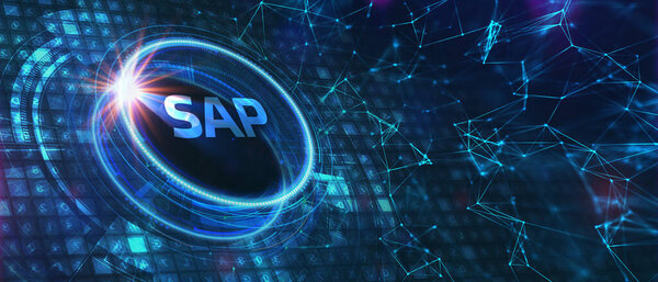 Концепция SAP System Software Automation на виртуальном экране центра обработки данных. Бизнес, современные технологии, Интернет и сетевая концепция.